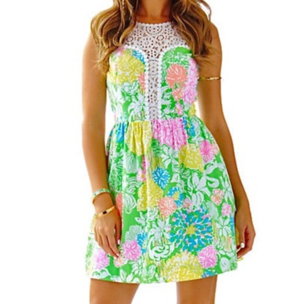 Lilly Pulitzer Green Floral Lace-Trim Sleeveless Dress